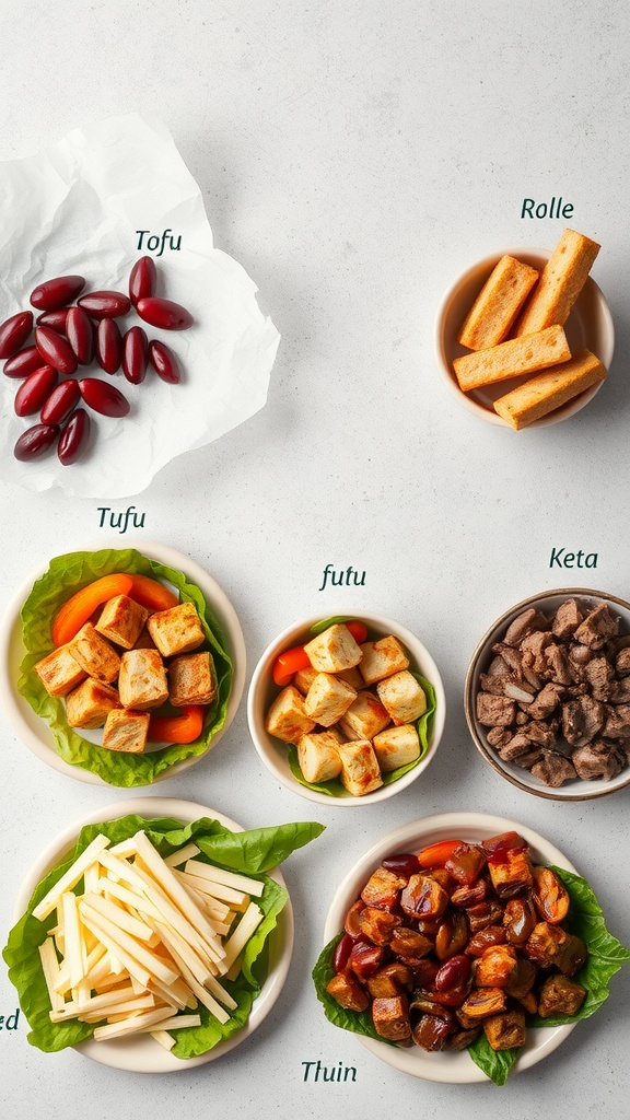 Ingredients and preparation ideas for keto egg rolls, including various meat substitutes.