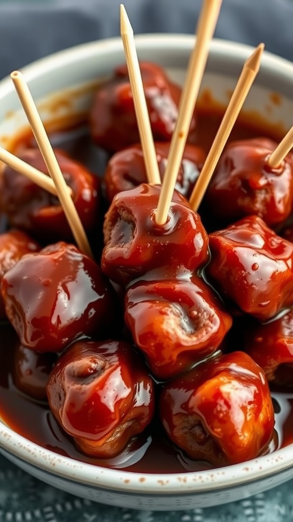 A bowl of meatballs coated in BBQ sauce with toothpicks.