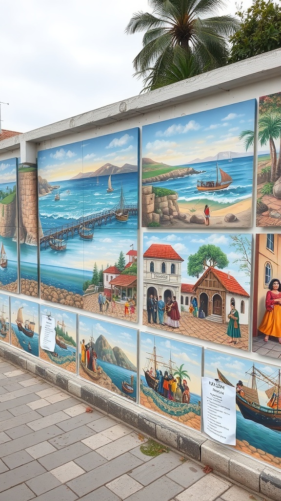 Colorful mural depicting Mediterranean coastal life with boats, villages, and people.