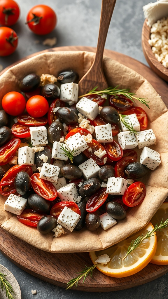 A bowl of Mediterranean salad with olives, cherry tomatoes, and feta cheese.