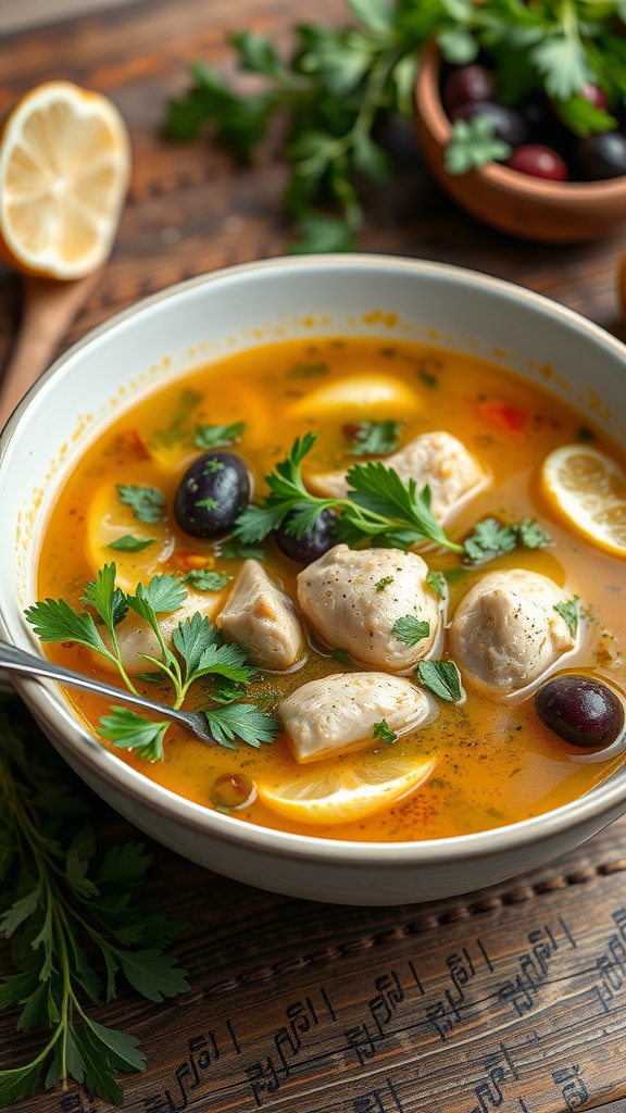 A bowl of Mediterranean chicken soup with chicken chunks, olives, and lemon slices, garnished with fresh parsley.