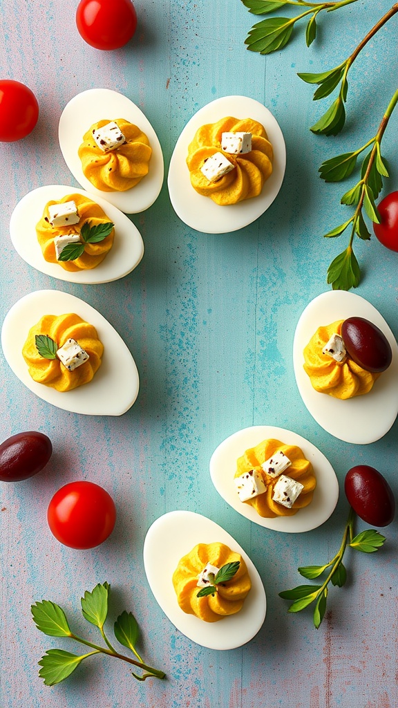 Mediterranean deviled eggs topped with feta and herbs