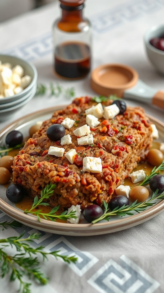 A delicious Mediterranean Feta Meatloaf garnished with olives and feta cheese.