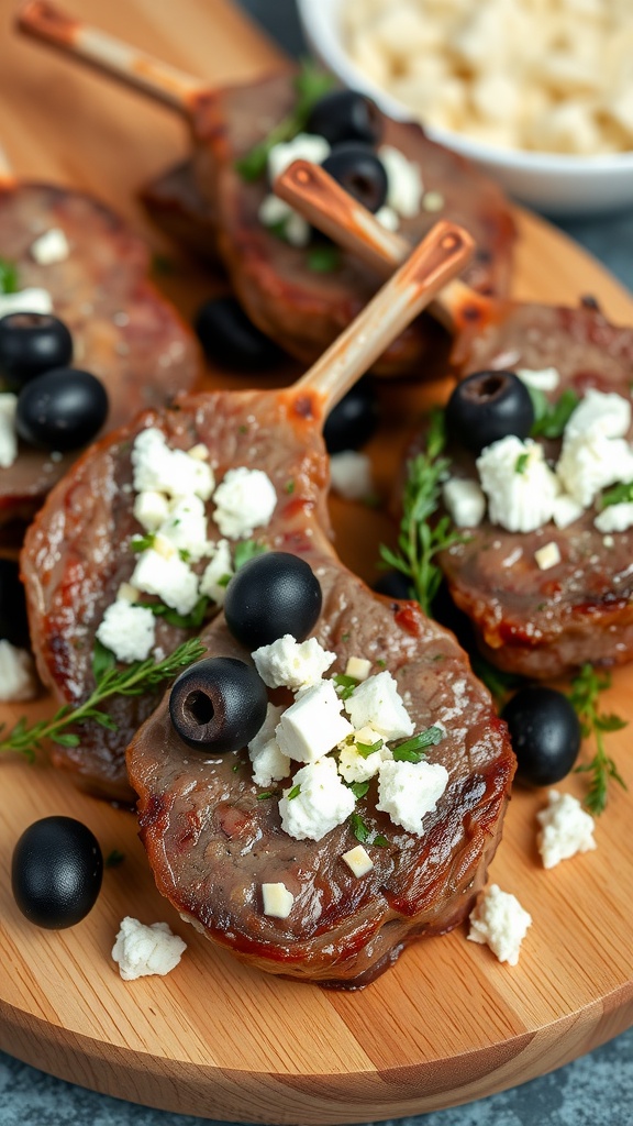A platter of Mediterranean lamb chops garnished with feta cheese and olives.