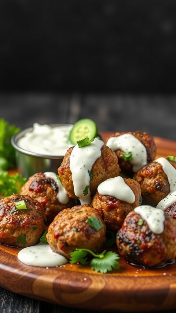 Plate of Mediterranean lamb meatballs drizzled with sauce and garnished with herbs.