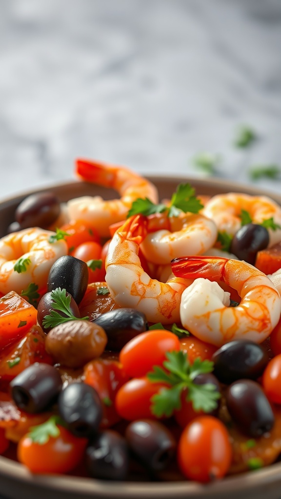Plate of Mediterranean shrimp with olives and tomatoes