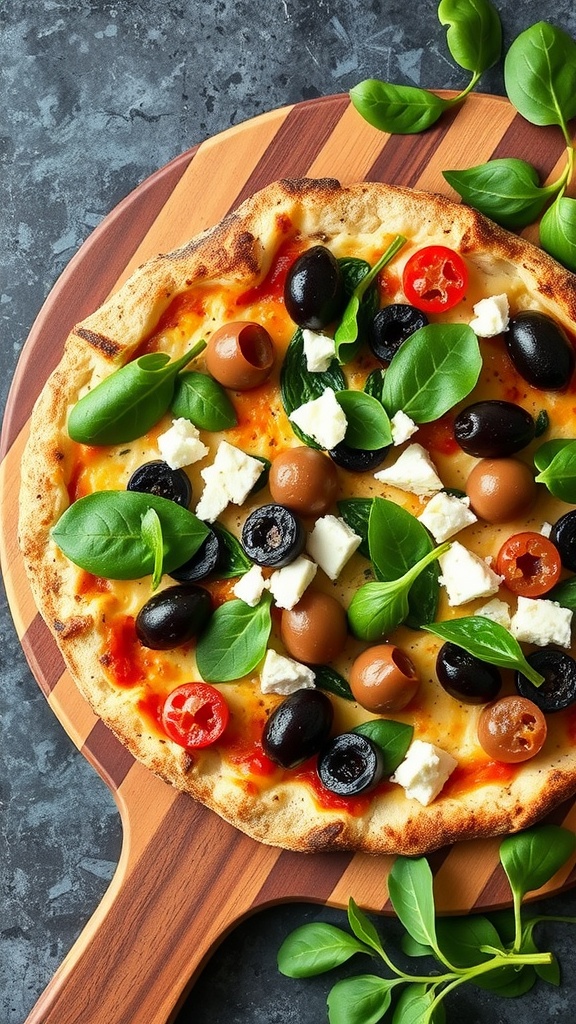 A delicious Mediterranean Veggie Keto Pizza topped with olives, tomatoes, spinach, and feta cheese.