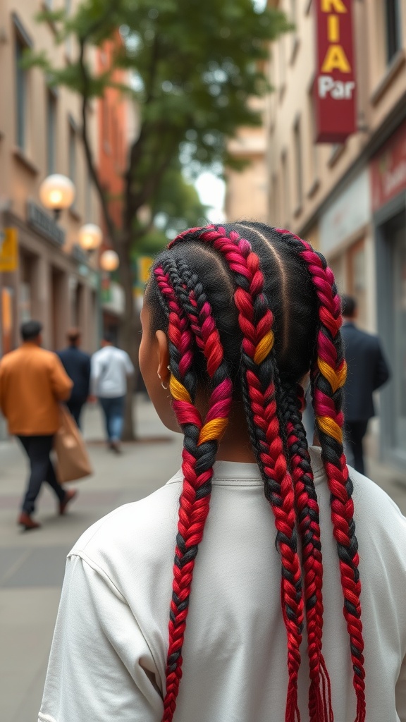 A person with medium box braids featuring red, yellow, and black highlights walking in a city street.