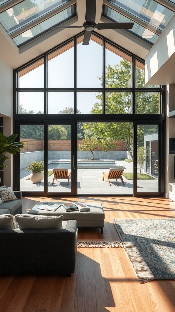 Bright living room with large windows connecting to an outdoor space featuring a pool and lounge chairs.