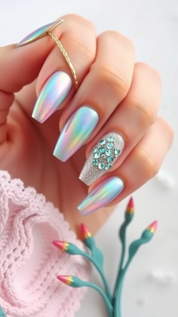 Nails with a mermaid scale effect featuring iridescent colors and sparkly accents.