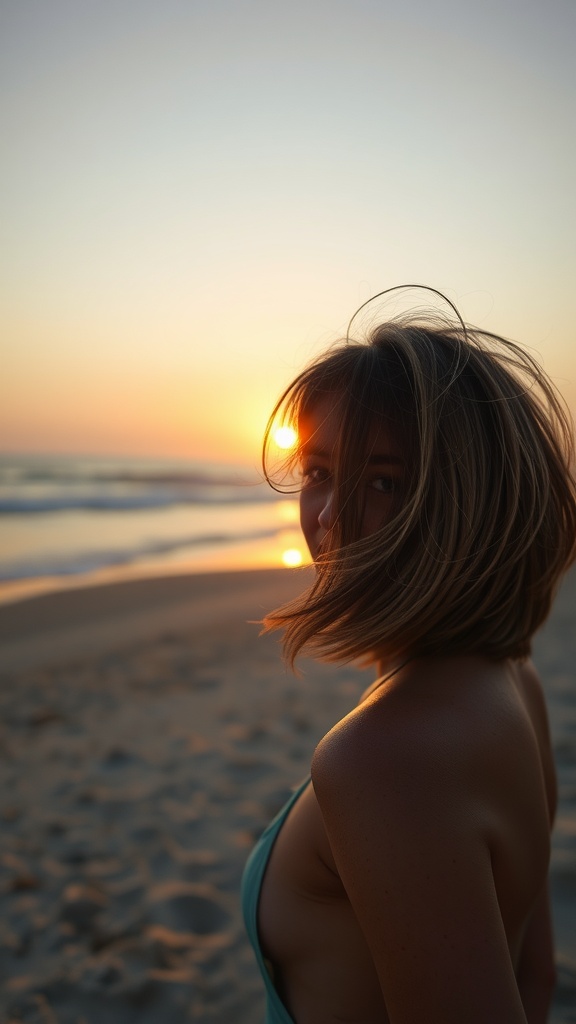 A woman with a choppy bob hairstyle, enjoying the beach at sunset