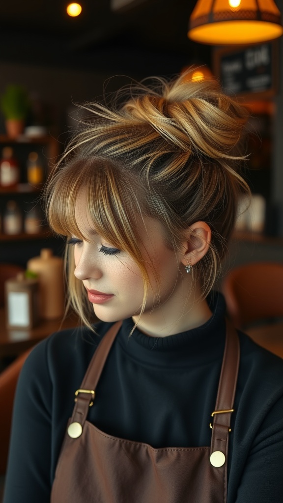 A woman with a messy bun hairstyle featuring face-framing strands.