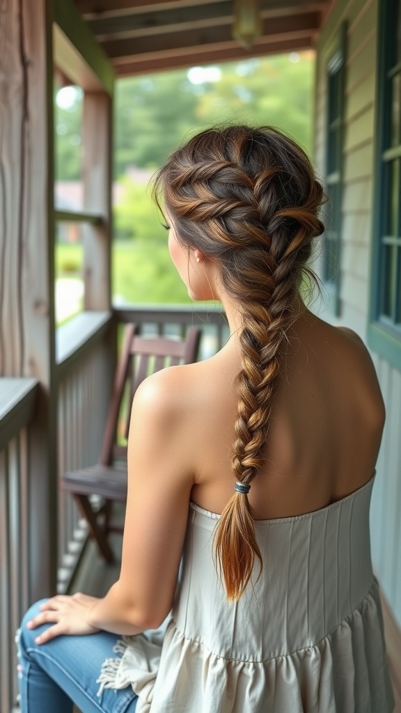 A woman sitting on a porch with a messy fishtail braid hairstyle.