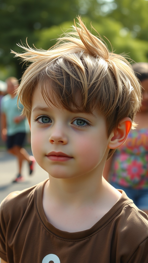 A child with a messy pixie cut and playful bangs, enjoying a sunny day.