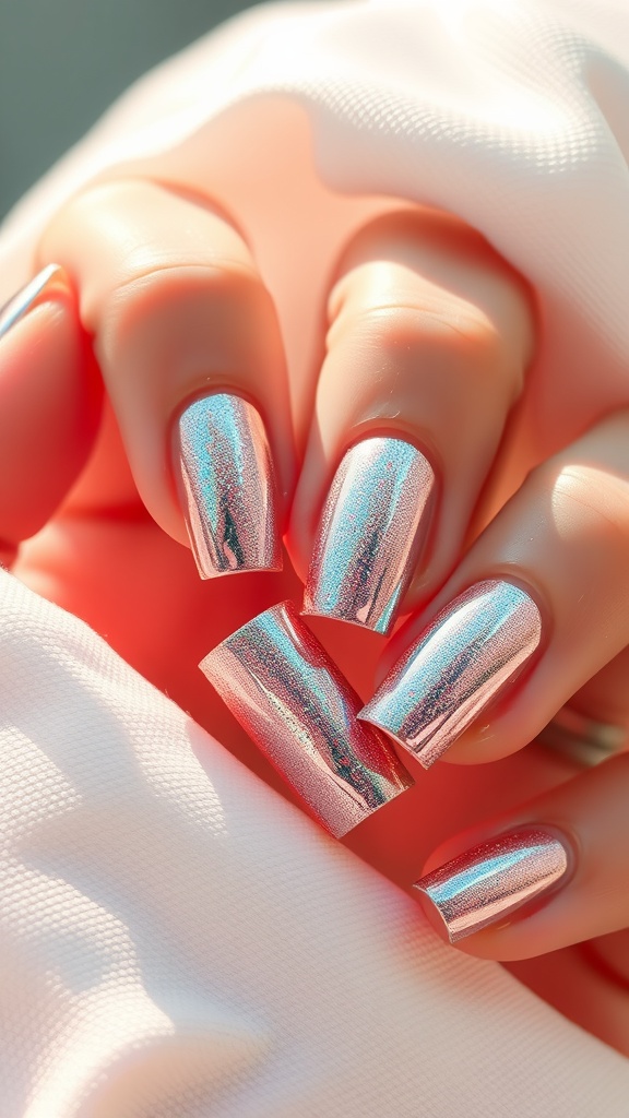 Close-up of short square nails with metallic accents