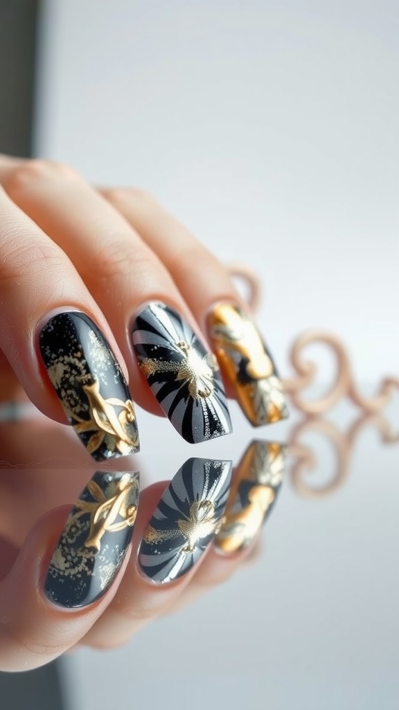 Close-up of stylish nails featuring metallic foil accents in black and gold designs.
