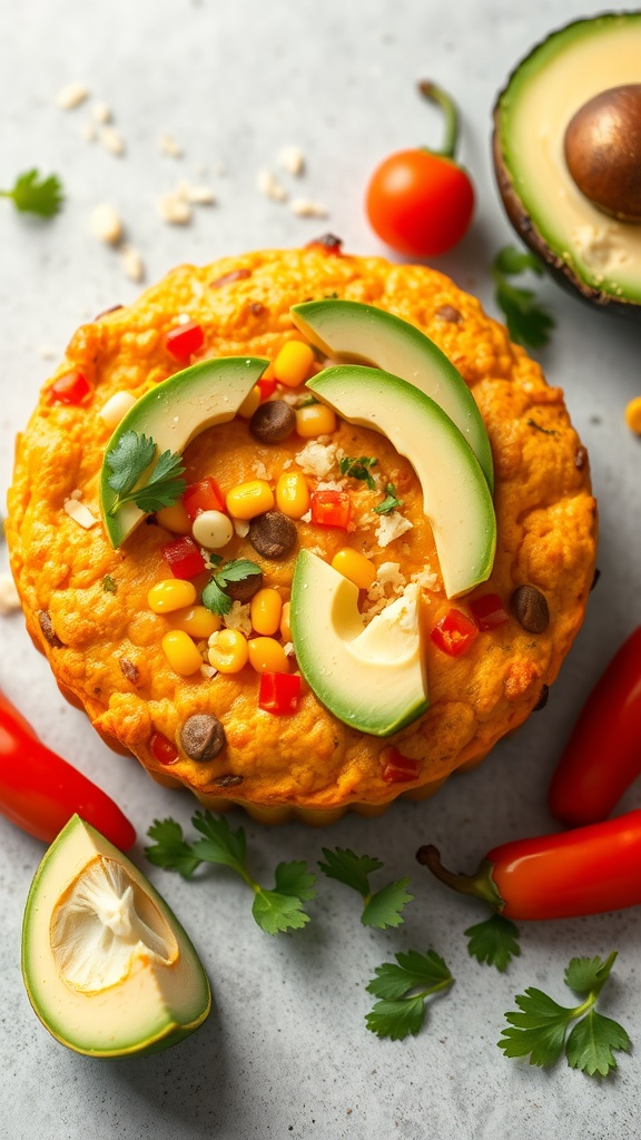 A colorful Mexican cornbread topped with corn, peppers, and avocado slices, surrounded by fresh ingredients.