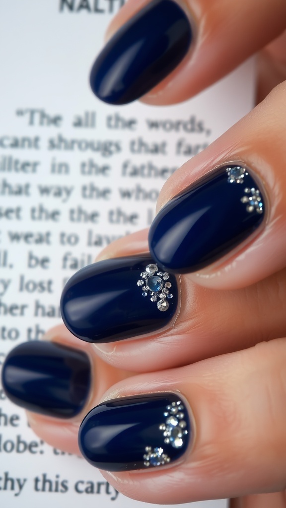 Close-up of dark blue nails with glitter accents.