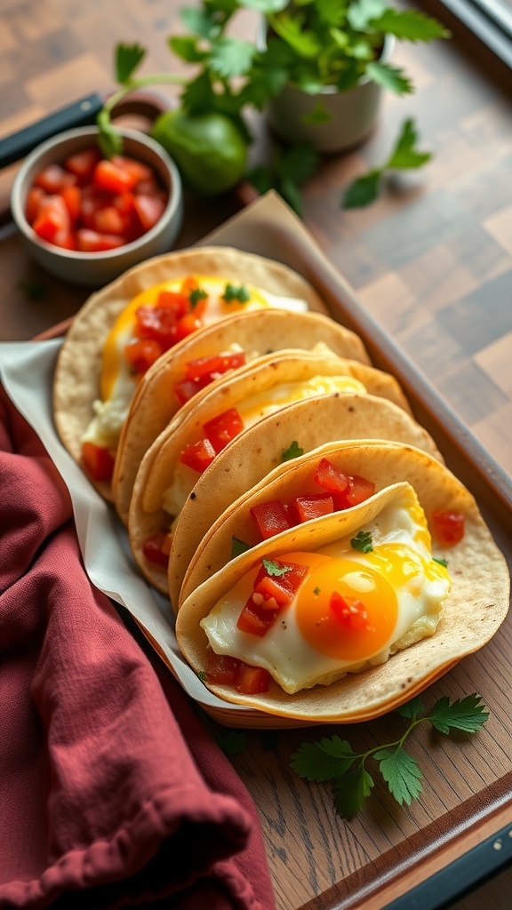 Mini breakfast tacos topped with eggs and salsa.