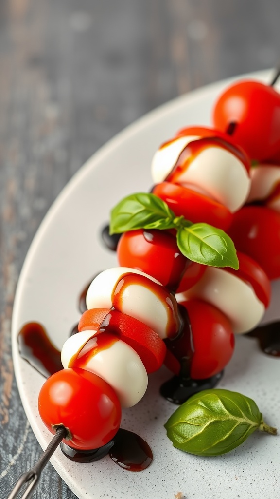 Mini Caprese skewers with cherry tomatoes, mozzarella, and basil drizzled with balsamic glaze.