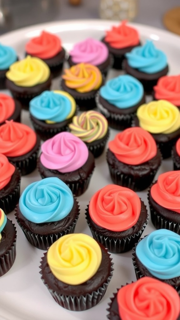 Mini chocolate cupcakes topped with colorful frosting.