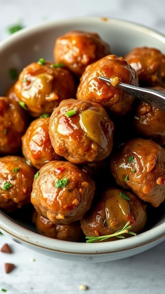 A bowl of mini meatballs coated in garlic butter and garnished with herbs.