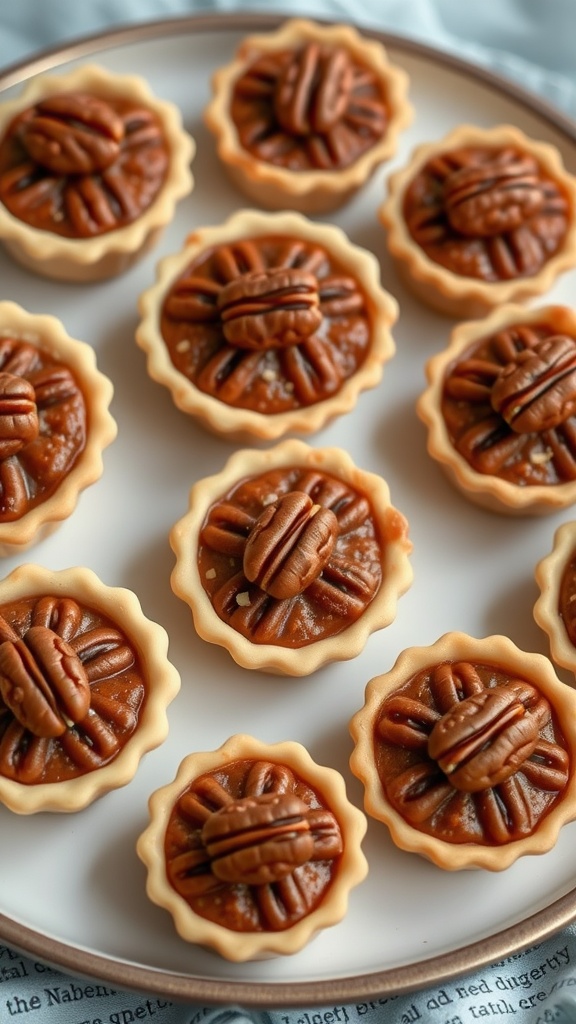 Delicious mini pecan pies arranged on a plate.