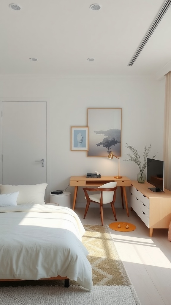A minimalist interior design featuring a bed, desk, and decorative elements.
