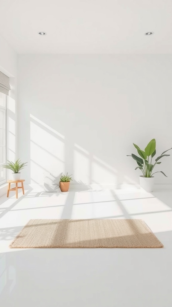 A bright and airy minimalist interior space with a rug, plants, and natural light.