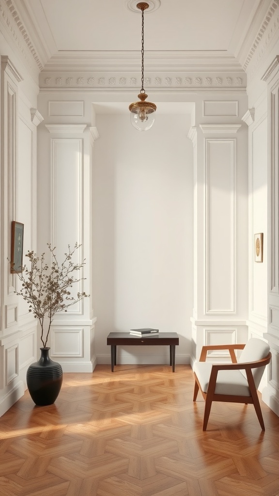 A minimalist neoclassical interior featuring clean lines, light colors, and simple furnishings.