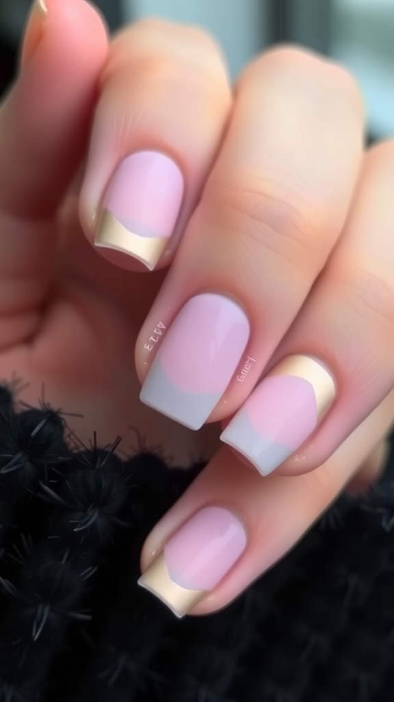 A close-up of short square nails with minimalist art in soft pink and gold accents.