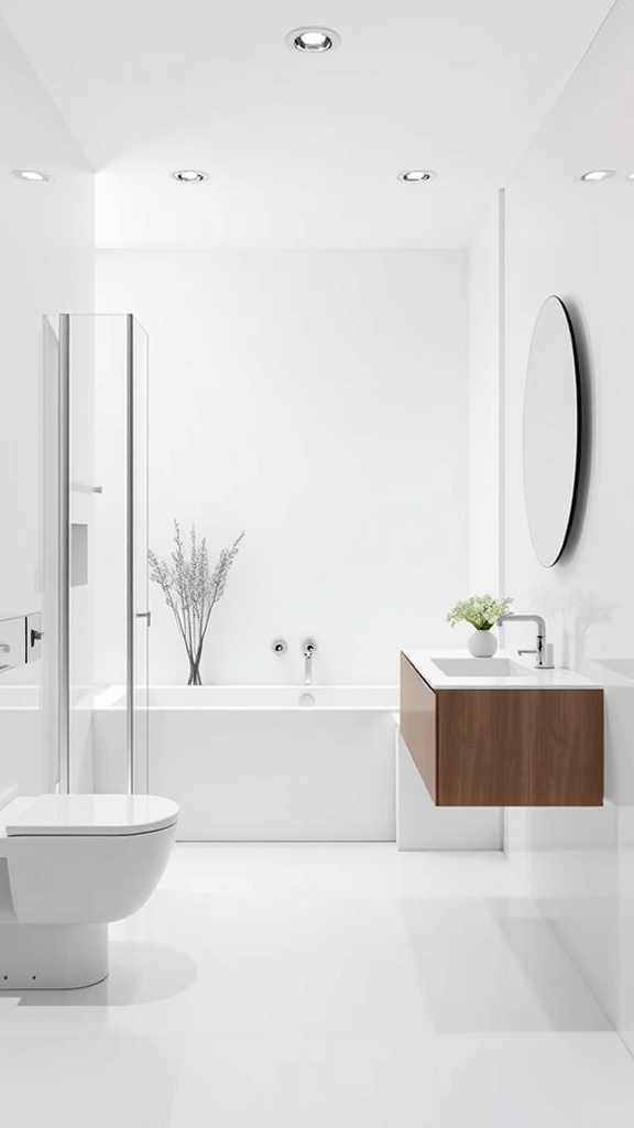 Modern minimalist bathroom interior with white walls and wooden accents.