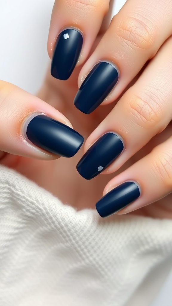 Minimalist dark blue nail art featuring deep blue color with subtle white designs.
