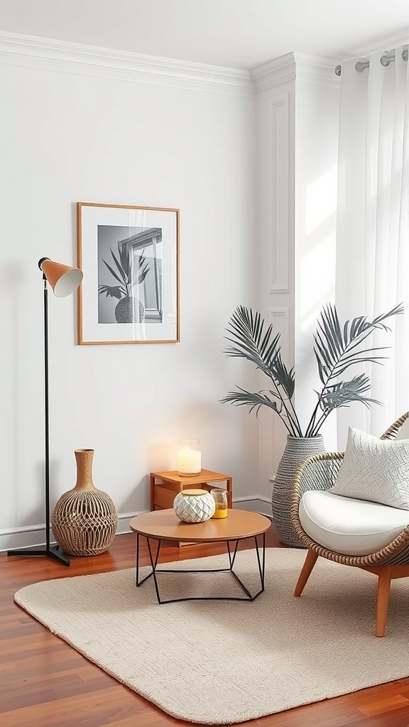 A cozy minimalist interior featuring a light-filled corner with a chair, coffee table, and decorative plants.