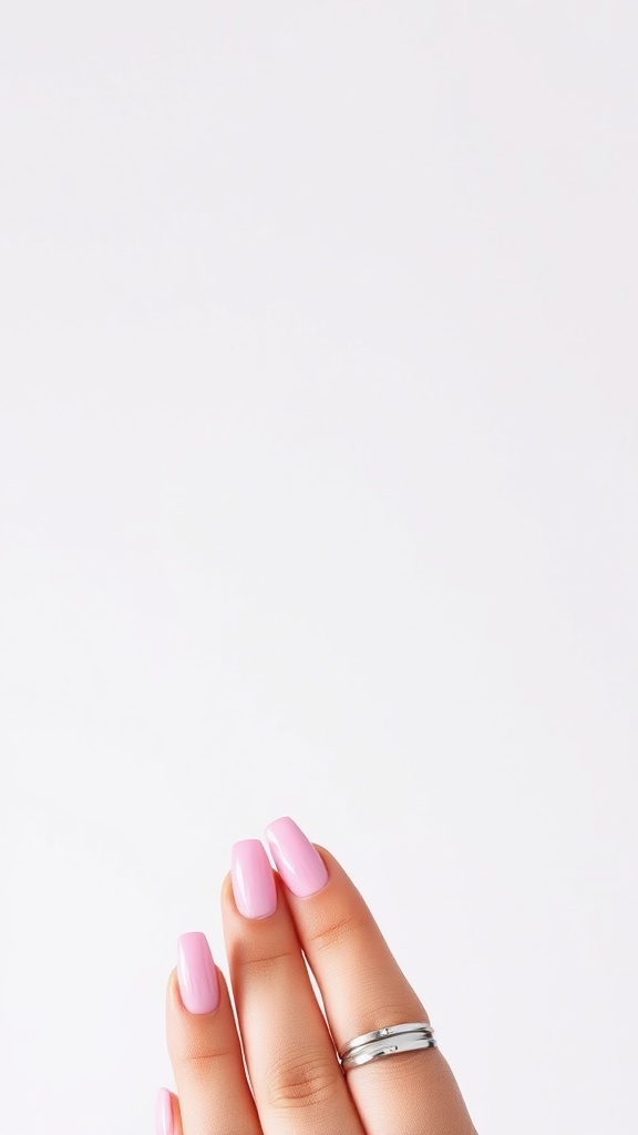 Close-up of a hand showing minimalist pink chrome nails with a silver ring