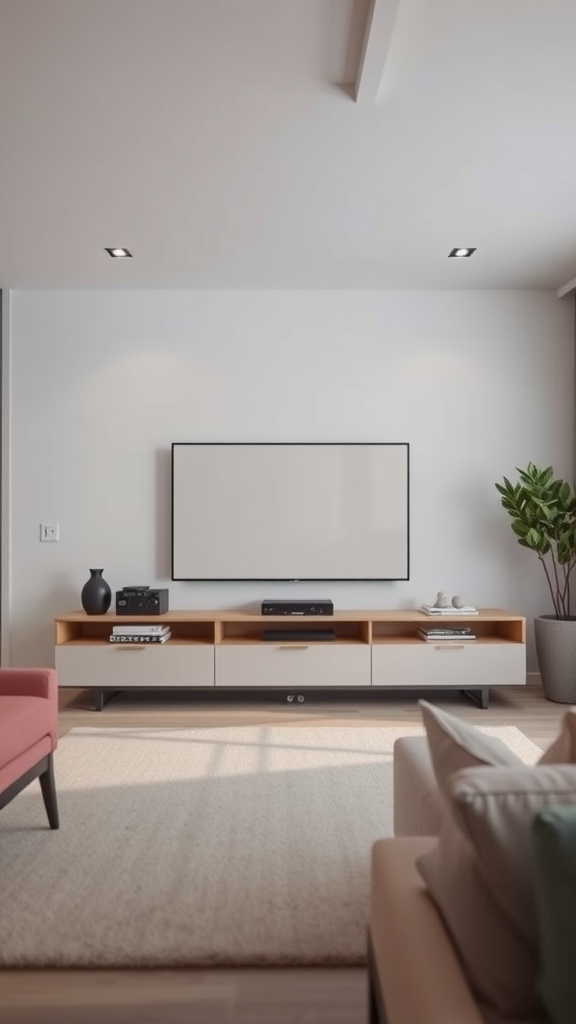 A minimalist TV unit with a light wooden finish, a flat-screen TV mounted on the wall, and decorative plants.
