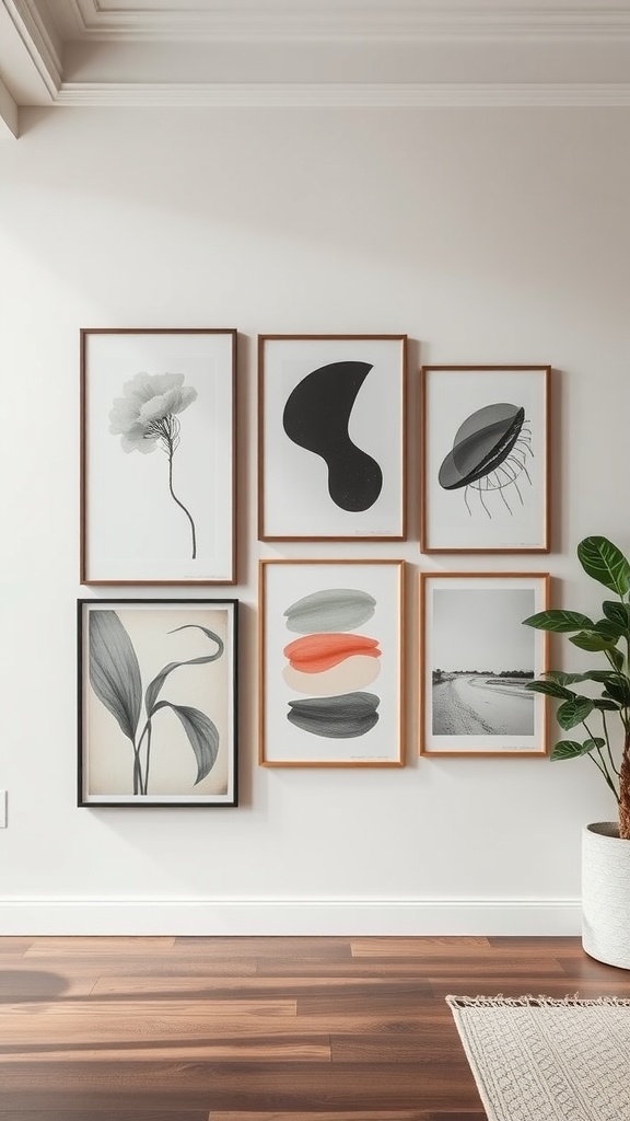 Gallery wall featuring minimalistic artwork in simple frames, showcasing a blend of black and white tones.