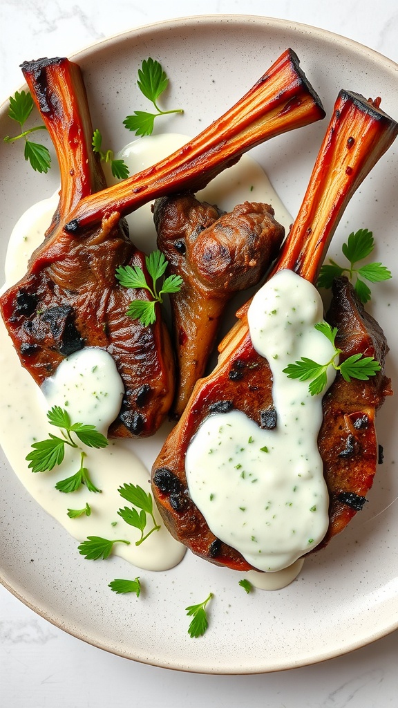 Lamb chops topped with mint and yogurt sauce