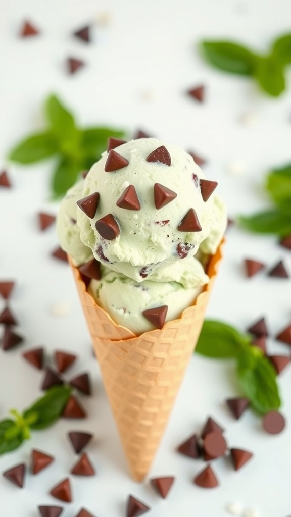 Mint chocolate chip keto ice cream in a cone with chocolate chips