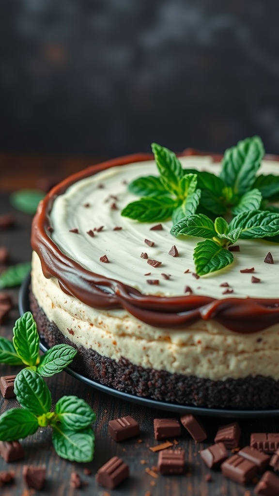 Mint Chocolate Keto Cheesecake with mint leaves and chocolate pieces