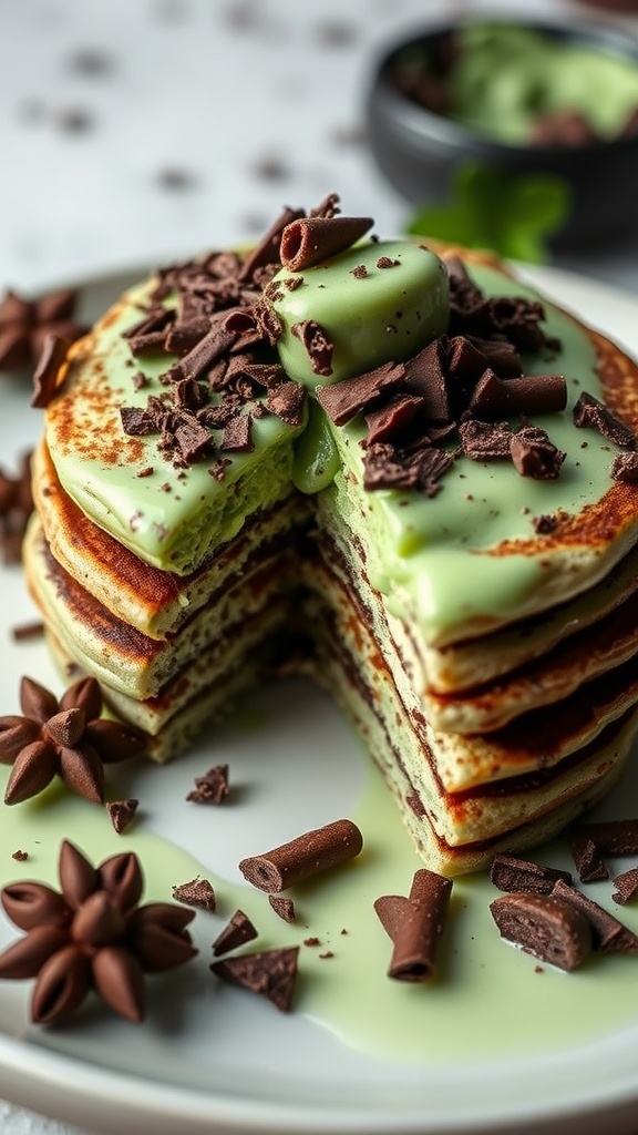 Fluffy mint chocolate pancakes with chocolate shavings on top