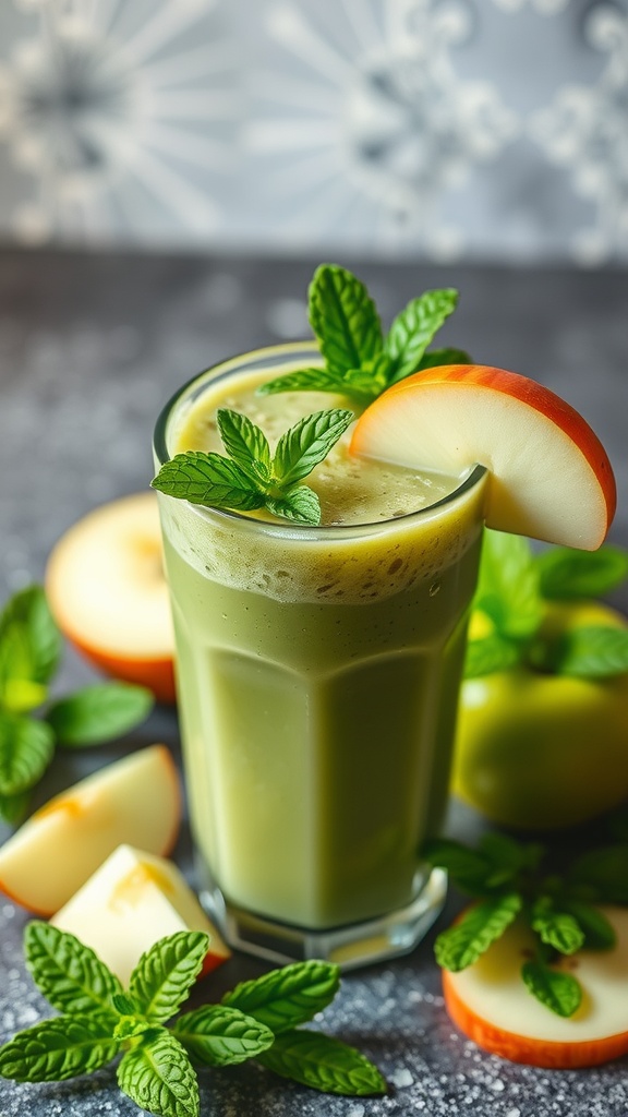 A refreshing minty maca and green apple smoothie served in a glass with mint leaves and apple slices around it.