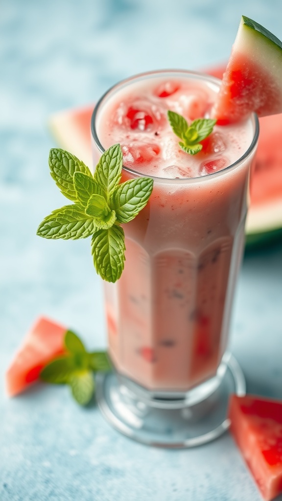 A refreshing minty melon smoothie in a glass with mint leaves and watermelon slices.