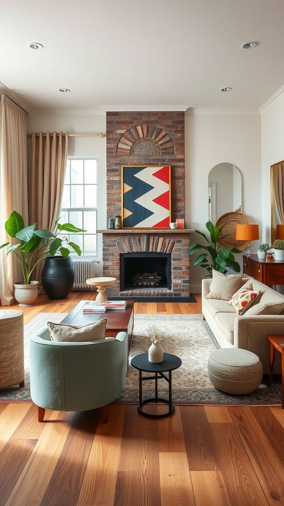 Cozy living room featuring a mix of furniture styles, including a modern sofa and vintage armchairs.