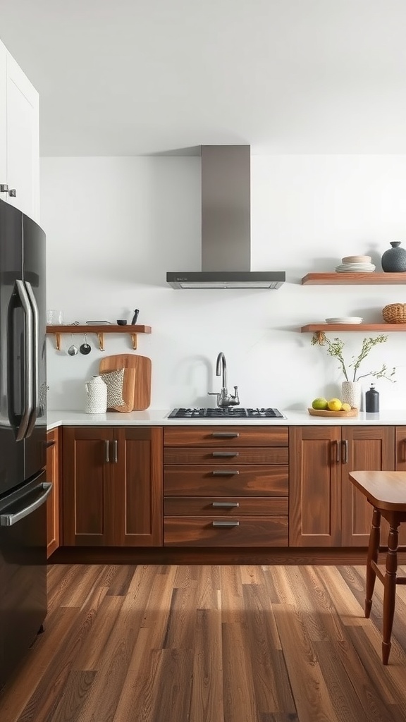 A modern kitchen featuring wooden cabinets, a metal range hood, and decorative open shelving.
