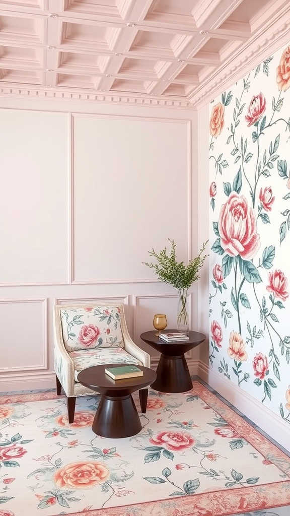A cozy interior with floral wallpaper and modern furniture.