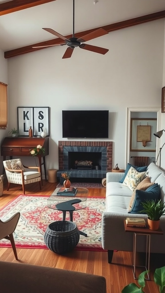 A bohemian living room featuring modern and vintage furniture elements.