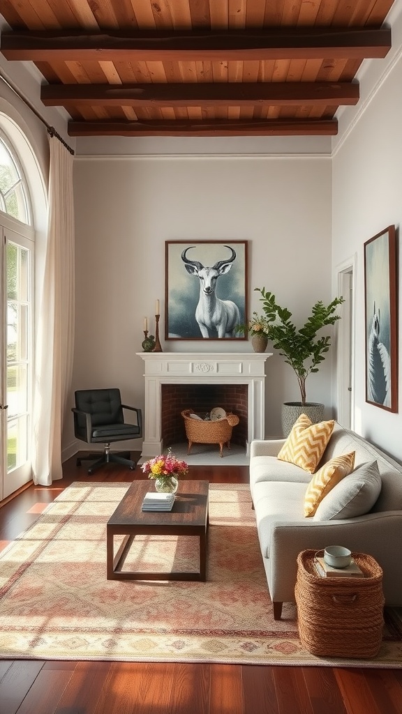 A cozy living room with a mix of modern and vintage decor.