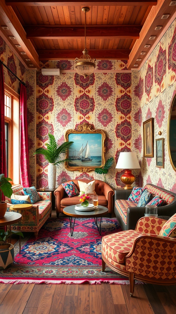 A cozy boho living room with a mix of colorful patterns and prints.