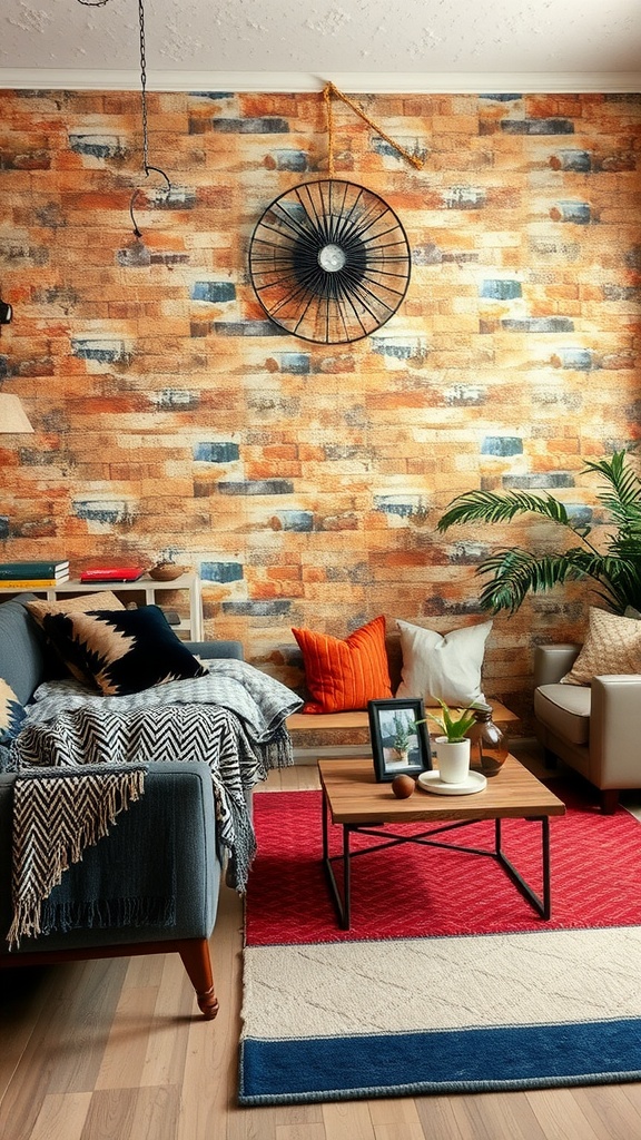 A cozy living room featuring a brick wall, colorful cushions, and a mix of patterns.